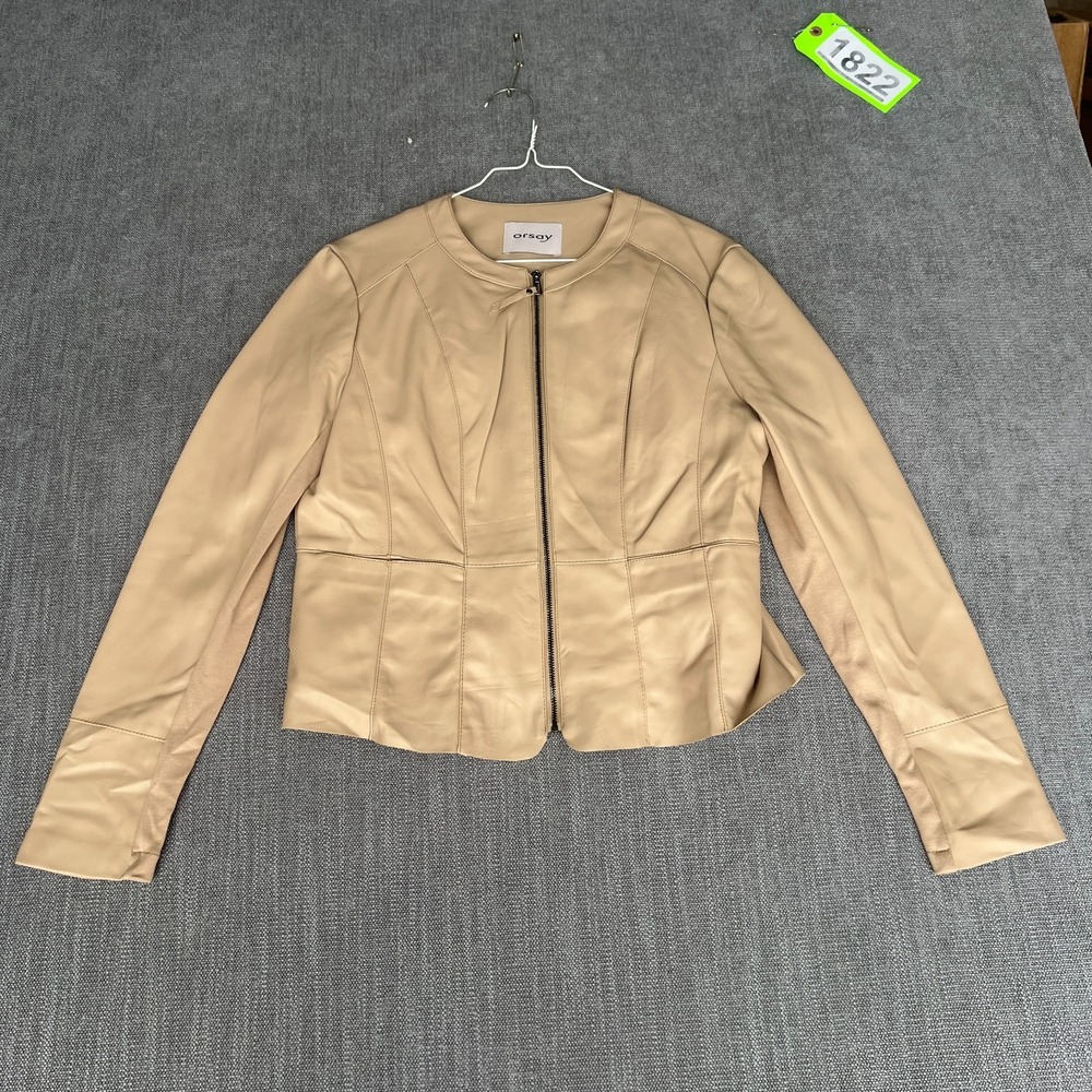 Orsay Faux Leather Biker Moto Jacket Womens 8 Beige Long Sleeve Tailored Zip Up